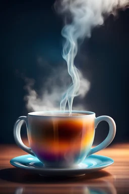 A cup of hot tea with water vapor coming out of it, hyper-realistic، 8k, Delightful colors