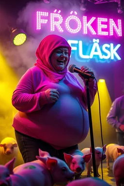 a very fat swedish women, with pink balaclava with called "Fröken Fläsk" performing at dance club, her name is "Fröken Fläsk" piglets On stage, yellow Neon lights and smog, and "FRÖKEN FLÄSK" big sign on the wall, she singing with mic, text in swedish! no translate mr. stable ai, text in swedish! no translate mr. stable ai, text in swedish! no translate mr. stable ai