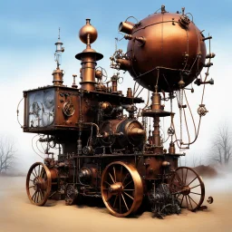 [photo by by Ralph Steadman ] Behold the fantastical creation of Professor Blockhead, a steam-powered contraption whirring and clicking with fervor. The eccentric inventor gazes upon his invention with theatrical awe, frozen in perpetual amazement. Copper pipes gleam, brass gears sputter, and steam hisses, adding a mystical air to the scene. In the style of Jules Verne, the spectacle captures the essence of boundless imagination and audacious brilliance. The contraption embodies the chaotic ene