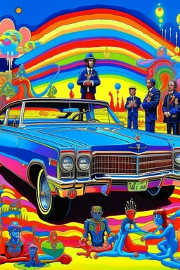 copertina album musicale anni 60 di band stile trip acidi fluo con automobile Cadillac del 69