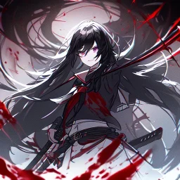 Clear focus, High resolution, rough line sketch art, long black hair, hair between eyes, fluffy hair, purple eyes, wearing a black and red sailor uniform, dark aura, mad, holding katana, bloody mess