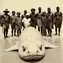 1930's photography of European explorers posing with African natives on a beach, giant eely sea creature washed up on beach in front of them