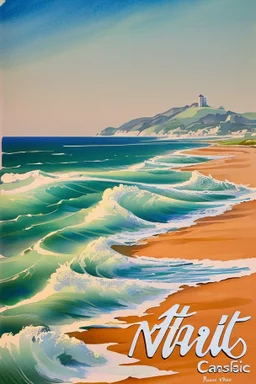 Vintage travel poster showcasing the majestic waves on beaches of Landes in France in a watercolor painting style reminiscent of 1930s European travel advertisements, like those by Henri Cassiers. The scene is captured during golden hour with soft glows highlighting the peaks, featuring muted pastels with pops of rich blues and greens. The composition offers a wide-angle view, with a focal length of around 24mm, presenting a vast mountain range at the center and a quaint village at the base.