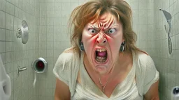 angry lady on the phone in the bathroom