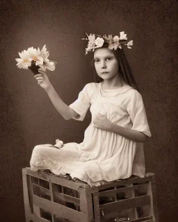 sepia portrait young girl with flower crown sitting on an empty crate, white dress, potholes on road, ramshackle, crow, 8k resolution, high-quality, fine-detail, intricate, digital art, detailed matte, volumetric lighting, dynamic lighting, illustration, 3D octane render, brian froud, howard lyon, selina french, anna dittmann, annie stokes, lisa parker, greg rutowski,