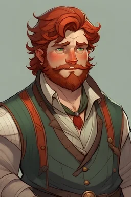 young half-elf man, fat, tan skin, well-dressed, medium hair, scruffy beard, auburn red hair