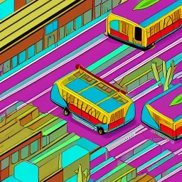 isometric rigid smiling bus with eyes by jim woodring in cartoon style