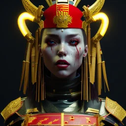 Spanish woman, rounded face, blood, black, red, gold, samurai helmet, decorative color feathers, retro, bamboo, leather, soft color, highly detailed, art stations, concept art, smooth, unreal engine 5, god rays, ray tracing, RTX, lumen lighting, ultra detail, volumetric lighting, 3d, finely drawn, high definition, high resolution.