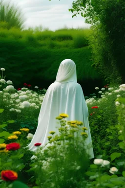 imam with her islamic white abaya and green shawl from behind standing in paradise full of flowers