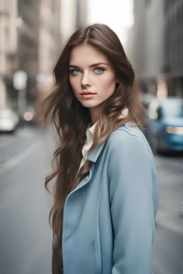 A stylish young woman with dark brown hair and light blue eyes standing in a city.