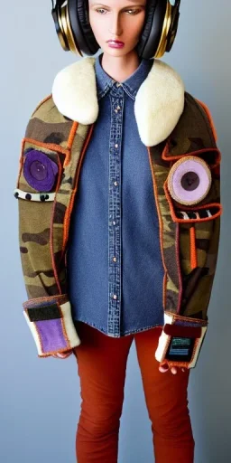 Brunette she. average body type. big head. Mantle is sewed of upcycled Denim and sewed together of camouflage pieces. Pieces' color are orange,terracotta, cream and purple. It is with big bright purple felt tippet and cream-colored-hood. mantle is merged with satchel. . Big AKG-style headphones (gold rings!) is merged with small felt cap with small visor. Style: Haute Couture in 1910's, Paris fashion in 2030, inspired by street art. Cream latex gaiter. Her head and rest body!