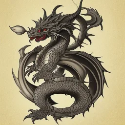 This Japanese Dragon has 2 horns pointing forward. Its neck is very short; Its snout is vertically very tall, medium width, short, beak like, and it has an underbite. Its teeth are venomous. It has hooked claws, frills, and soft scales. Its tail is short and very wide. Its breath weapon is fire.