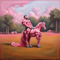 a big muscle man sitting on a pink horse.like 19th painting