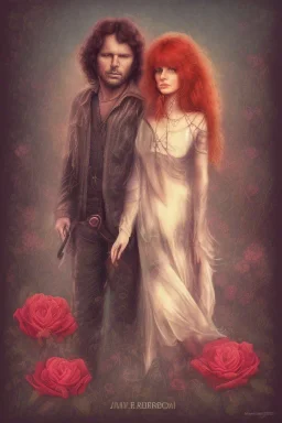 Jim Morrison and Pamela Courson ,music, ignoreNSFW, watermark, bohemian style , blurry,beautiful,elegant,roses, fantasy by ann dittman