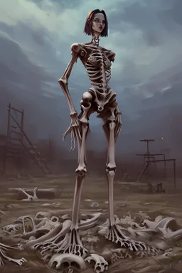 a bone yard with a tall android woman standing at the top of a pile of bones