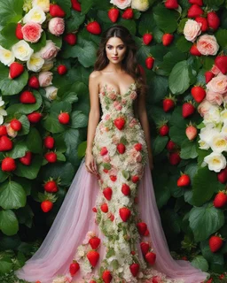 📷🍓💃 length image full body sweet pose pretty woman wearing a beautiful high details natural beuty color unique gown costume made of elements varieties strawberries fruits.full background green leaves and variaties roses,orchids flowers background