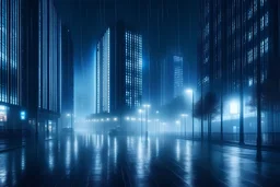 A city in the future is at night and it's raining and it's foggy.