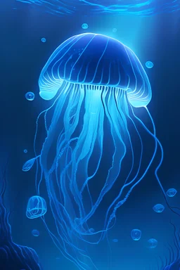 Cartoon Electric blue jelly fish swimming in the deep blue ocean making it glow up, 4k, HDR, concept art, highly detailed, soft lighting, artstation, award winning, art by Rene Magritte and George Luks and Adam Miller and Tom Bagshaw
