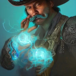 Insanely detailed photograph of an “ a mustachioed cowboy warrior "with worn Sombrero, handsome charo,cigar,glowing bluish green orb in outstretched hand, hyperdetailed painting by Ismail Inceoglu Huang Guangjian and Dan Witz CGSociety ZBrush Central fantasy art album cover art,8K, hdr, mysterious, flickeringlights ,Stoic