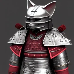 Modélisme trois dimensions, chat, anthropomorphique, habillé comme un samurai, armure très détaillé, armure rouge, armure argent