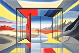 a surreal open glass gate in a glass wall with a view of a desolate landscape, storm, strong contrasts, by artist "Leonora Carrington",by artist "Zaha Hadid",These colors are bold, vibrant, and intense, including shades of primary colors such as red, blue, and yellow.