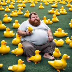 A fat, furry man is sitting in a field of yellow plastic ducks, eating an ice cream cone.