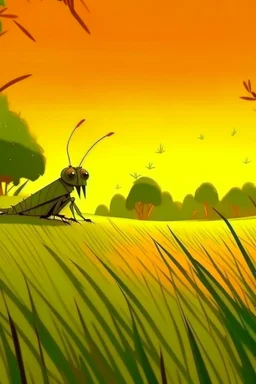 Grasshopper，Rice field，Trees，Warm color palette，Animation