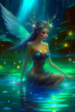 As faerie Fiona swam back to the bank, water droplets glistening like diamonds upon her skin, she emerged with the grace of a water nymph rising from the depths. Her wings unfurled, water droplets cascading from them like liquid stars, and she stood before Deery, her presence a blend of moonlight and water's embrace. Deery approached, their hooves barely making a sound on the soft earth. They lowered their head, their opalescent nose nuzzling Fiona's cheek in a gesture of affection