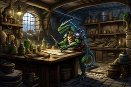 the lab of an argonian artificer in a fantasy realm