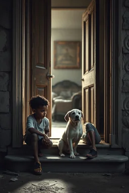 A black one years old boy and a white two years old boy ,both petting a small dog , sitting on the door steps of the an old paints cracked dirty abandoned house door , behind the open door there is an old woman-furniture , insanely detailed octane render trending on artstation, 8k artistic photography, photorealistic concept art, soft natural volumetric cinematic perfect light, chiaroscuro, award-winning photograph, masterpieces, oil on canvas, Raphael, Caravaggio, Greg Rutkowski, people
