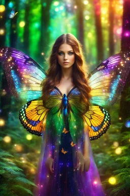 Gorgeous Photography Beautiful butterfly girl with shiny brown flowing hair, glitter colorful butterfly wings, lovely glowing green eyes, surrounded by magical colorful forest and flickering lights, digital photography, kaleidoscope, vibrant colors, vivid colors, colorful