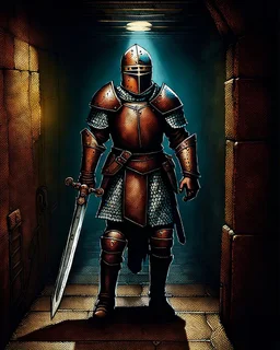 A frightening castle dungeon hallway with an knight warrior in rusty chainmail holding a zweihander painterly rpg art