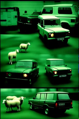 "Create realistic, dark, low-resolution 'CCTV footage' using an old 80s Sony camera. The scene should depict forbidden medical procedures being performed in a 'motor garage,' with Land Rovers in the background, surrounded by sheep with 'Rabies.'"