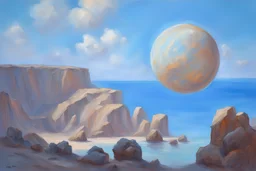Planet in the sky, light blue sky, rocks, cliffs, impressionism paintings