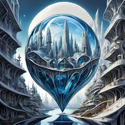 Inside a crystal globe exists a miniature futuristic perfect utopia, biomorphic white - silver - midnight_blue Escher-esque flowing sleek buildings, by Victor Enrich, by Daniel Merriam, by Peter Mohrbacher, surrealism, fine point ink illustration, technically perfect, sharp focus, bright primary colors, sharp contrast, maximalist, heavy intricate detail, Utopian.