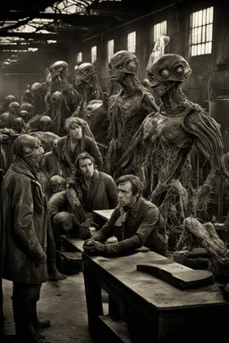 1805's hunger games movie hot man black and white vintage photo, interior, working ((alien))::10 factory steampunk warehouse, unhappy and angry,stange long grey alien (human hybrid) creature with a family that is super sad and are scary, disturbing anxiety, captured on square format film, grainy brown, aged, young men, depressed, tired, in their flight jacket and holocaust era