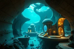 futuristic builded world under the deep sea, curved walls, special buildings, made, coral, concrete-like material, stone, onyx and glass, impressive, alien and special structures, buildings left behind from a lost world
