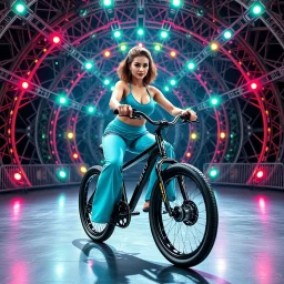 a very beautiful lady with makeup and bub hair, wearing a pretty blue-green sports pants an top, shows her performance driving a circus single Wheel Bike in a modern stage with metallic fractal recursive structures that animate, and dynamic color lights.camera zoom to full body all time