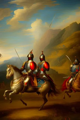 renaissance painting of mounted knights galloping across an open field, swords in hand, mountains in distance