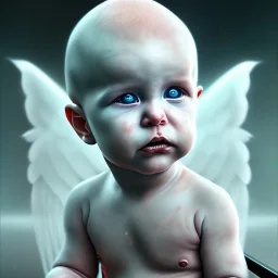 a sad human baby artist called tobias leander with no hair,halo, wings, drinking, sitting in chair, photo realistic spray painting, book cover illustration