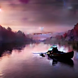 Charon in his boat on the river Styx, red black purple colours, 8k, high definition, fantasy art