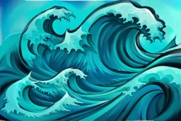 a background of a fun stylized waves with smooth black linework, blue teal tones, surf culture, parody of "the great wave", kawaii cute