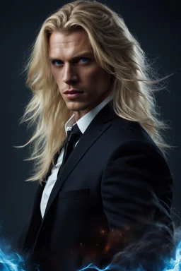 portrait of an evil stunningly handsome male aged 25, muscular, long blonde hair, blue eyes, wearing a dark suit, angry expression,4k, modern fantasy