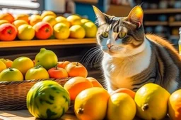 cute contented cat is shopping in a foodstore in sunshine. Food, fruits