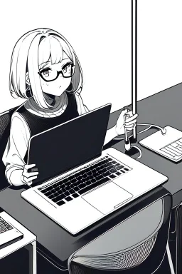 hacker girl with glasses use a laptop sitting in a cafe, line arts, greyscale