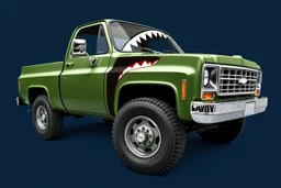 side of 1976 Chevrolet square body truck(military green), with shark nose graphic starting behind front wheel, navy blue background