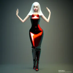 a fully clothed curvy feminine young hot pale goth cutie wearing an elaborate modest shiny tight red-silver latex-nylon-leather striped neck-high gown, cgsociety, photorealistic, 16k, smooth, sharp focus, trending on ArtStation, volumetric lighting, worksafe, sublime-comforting-intriuging ambience, thick hips-breasts and thin waist