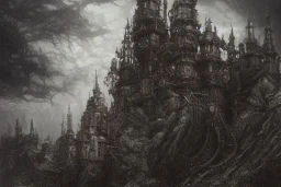 Insanely detailed steampunk castle town built around beautiful intricately detailed gnarly trees, hills, pylons, huge metal gates. in style of yoji shinkawa and hyung - tae kim, trending on artstation, dark fantasy, great composition, concept art, highly detailed, dynamic pose, vibrant detailed bio mechanical castle bridges over the ocean, fog, swampland, ocean, sparkling stormy fog, fantasy digital painting, stunning intricate details, artwork by ross tran, artgerm