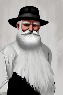 Old man / thick white beard / black hat / white shirt / black jacket / wooden background /