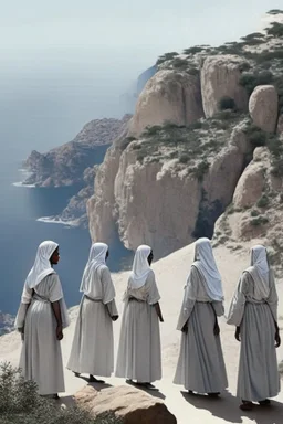7 suore africane con tunica grigia giornata di sole precipizio fuori città uomo militare bianco giovane